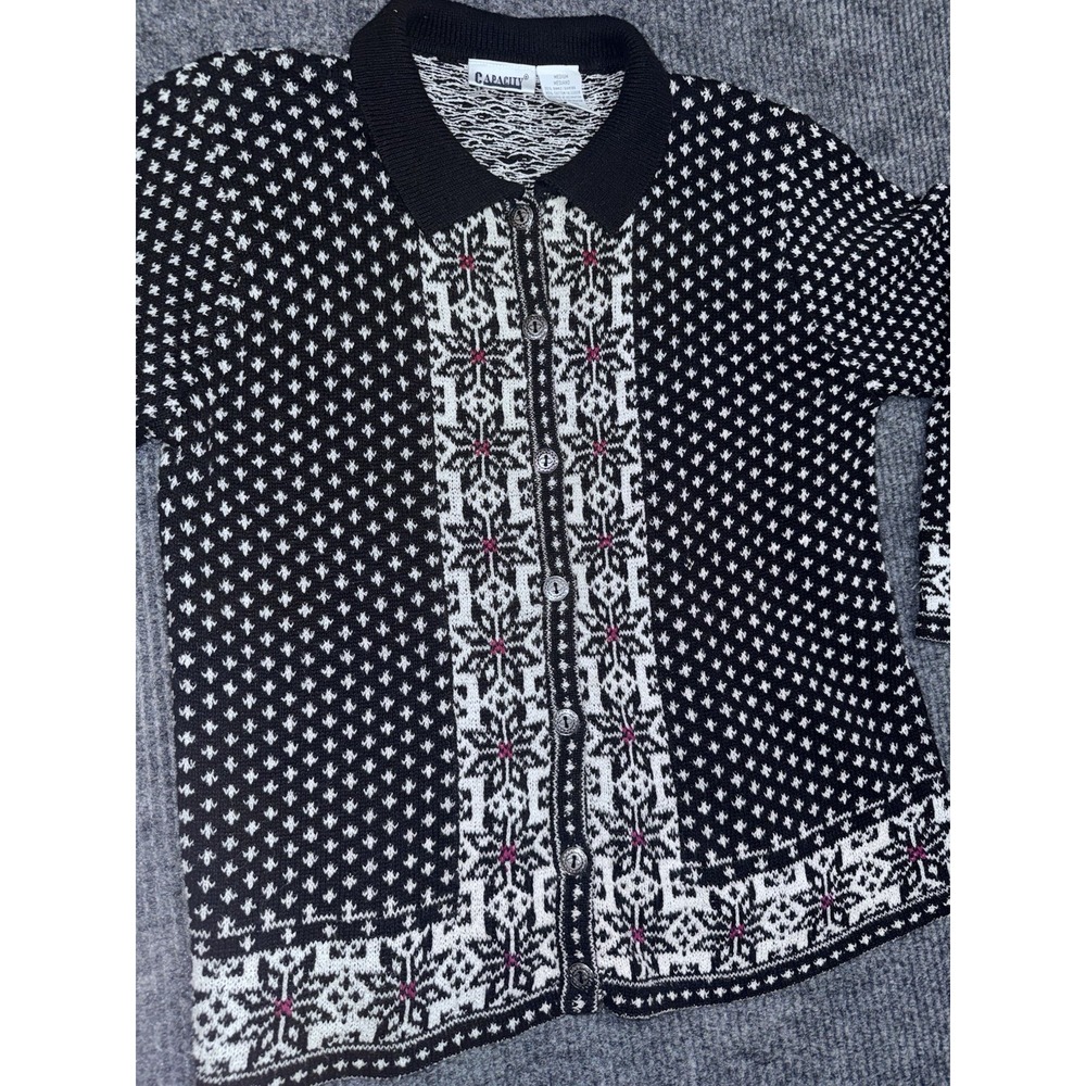 Y2K Capacity Fair Isle Collared Button Cardigan Sweater Black White Red M - Picture 3 of 13